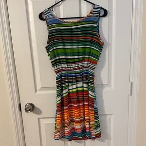 Karlie Multi-Stripe Sleeveless Mini Dress with Green, Blue, Red, Yellow Accents